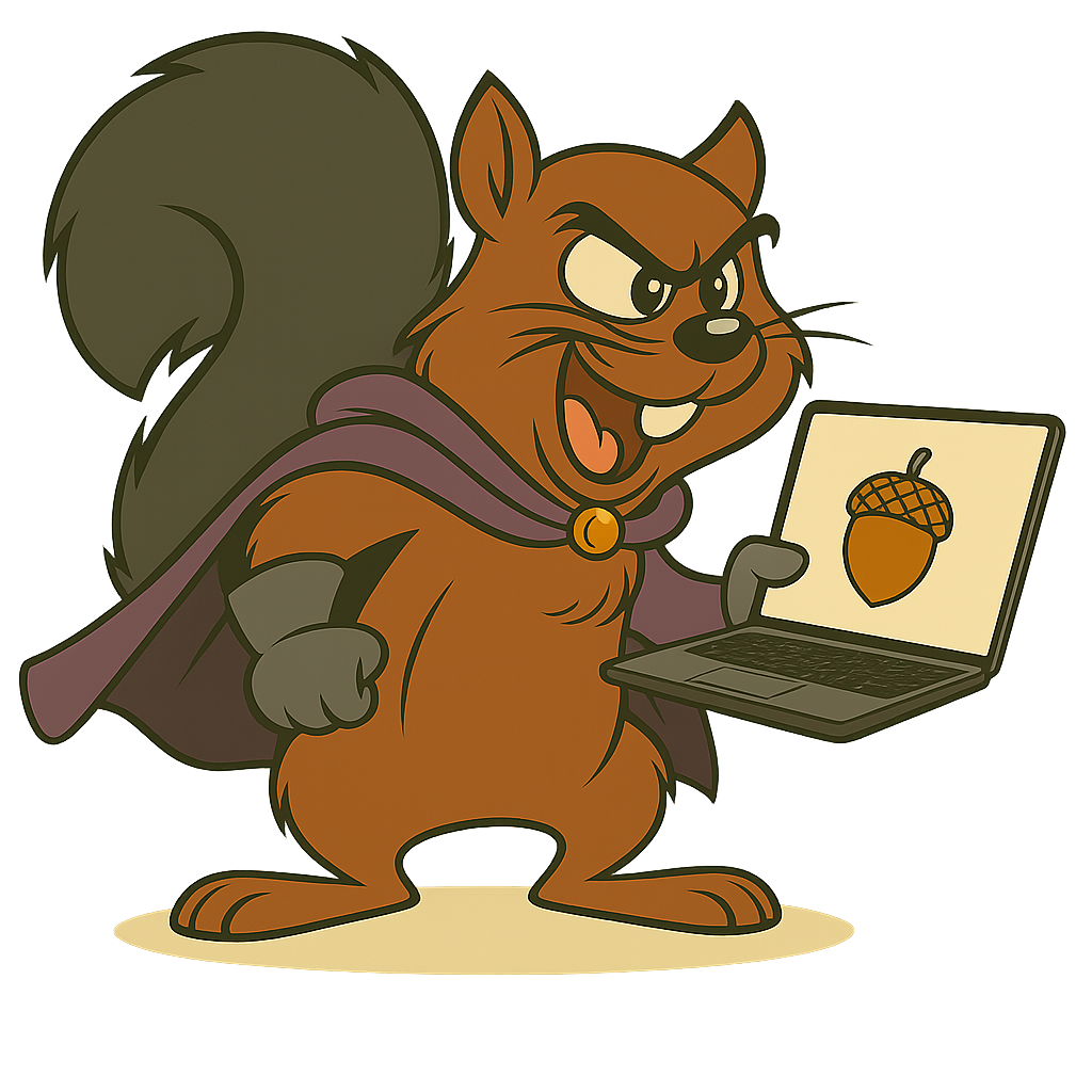 Dr Scurry Blacktail holding a laptop