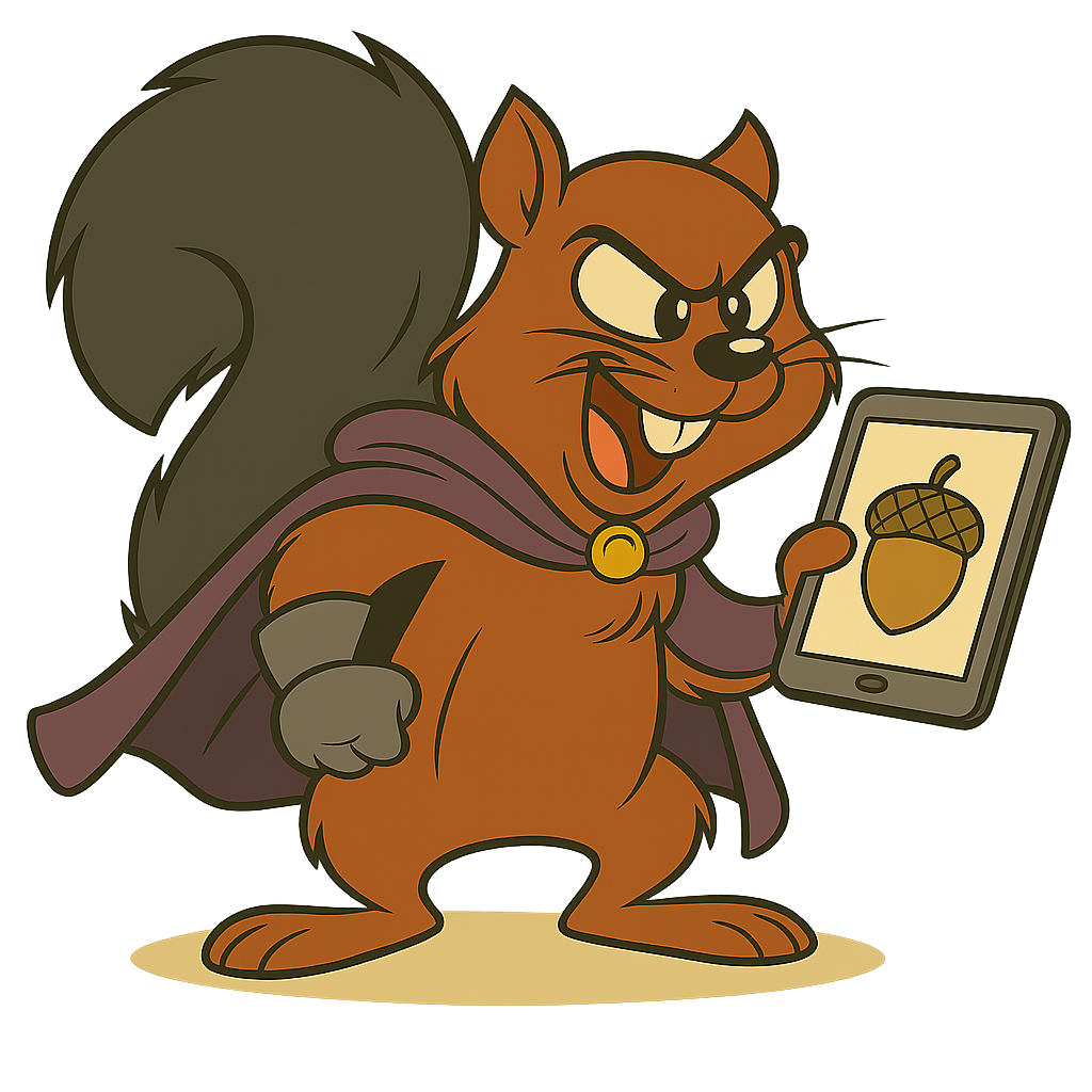 Dr Scurry Blacktail holding a tablet.